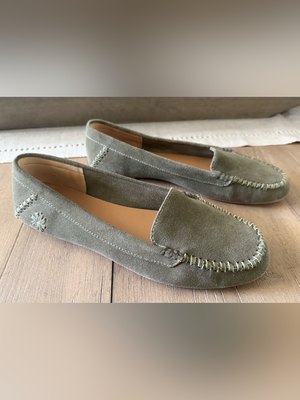 Jack Rogers Millie Suede WhipStitch Moccasin Loafers Olive Green, Women’s Size 9